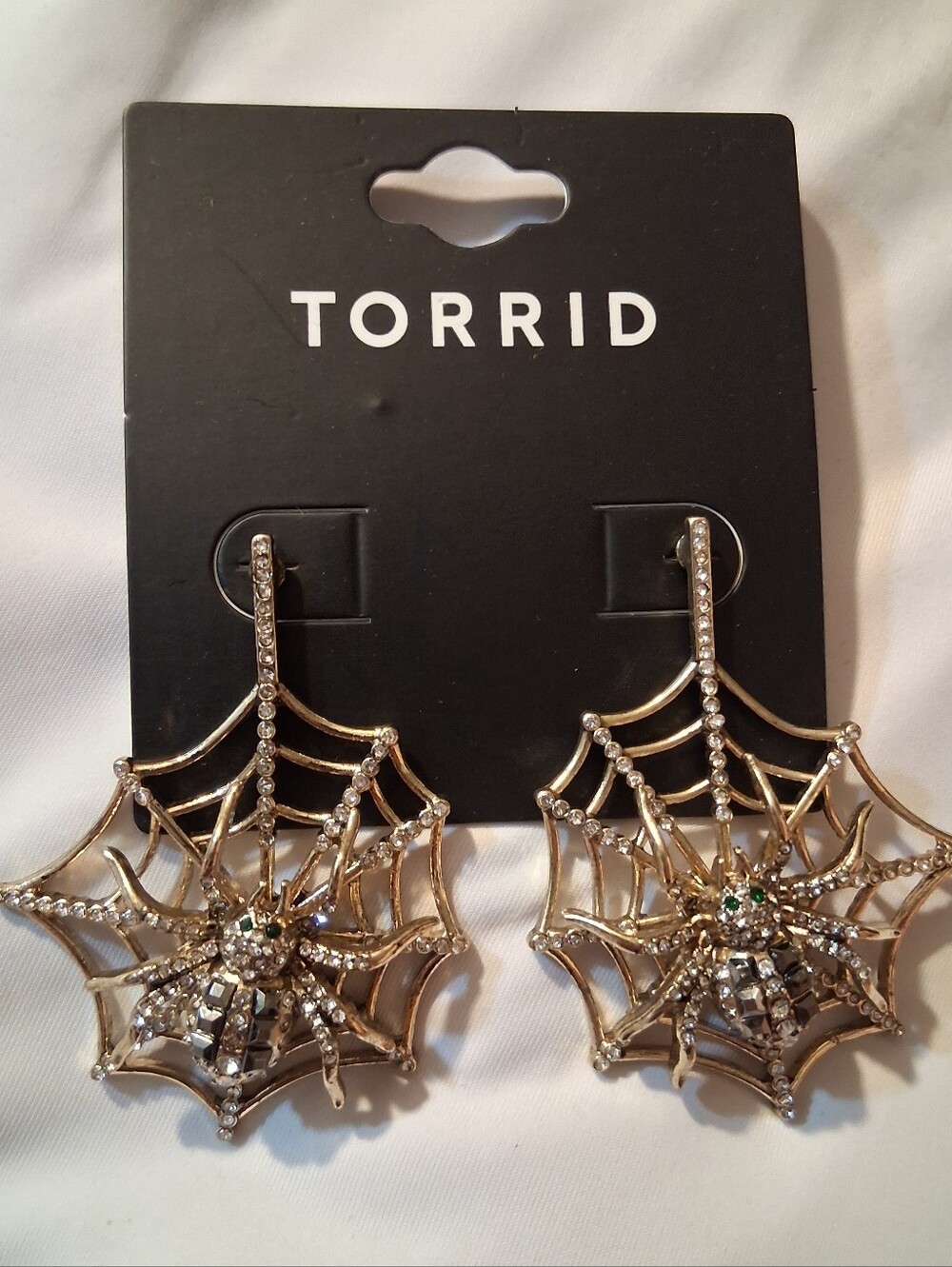 New Gold Tone Rhinestone Spider And Web Statement Earrings